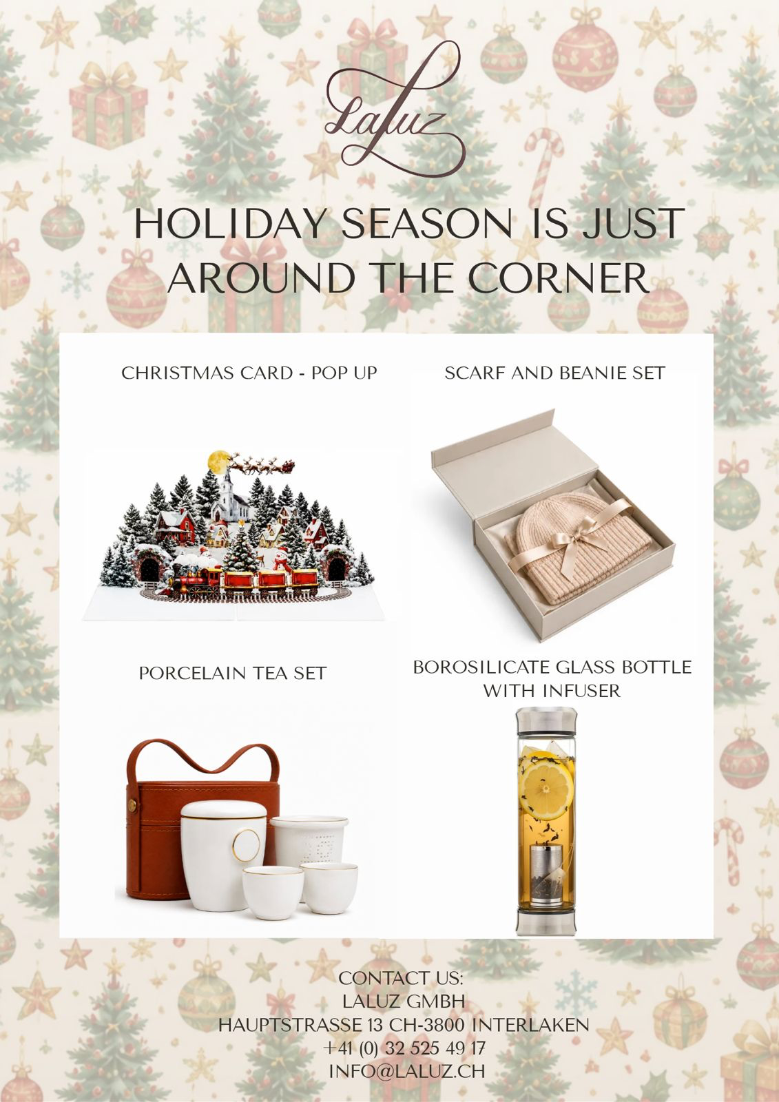 LaLuz Holiday Season is Just Around the Corner newsletter featuring a Christmas card, scarf and beanie set, porcelain tea set, and borosilicate glass bottle with infuser.
