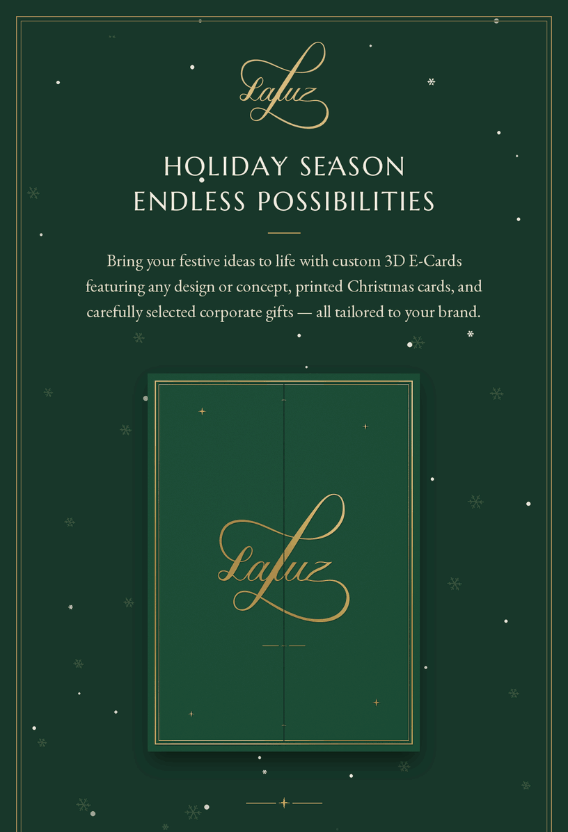 LaLuz – Holiday Season. Endless Possibilities. Bring your festive ideas to life with custom 3D E-Cards featuring any design or concept, printed Christmas cards, and carefully selected corporate gifts – all tailored to your brand.